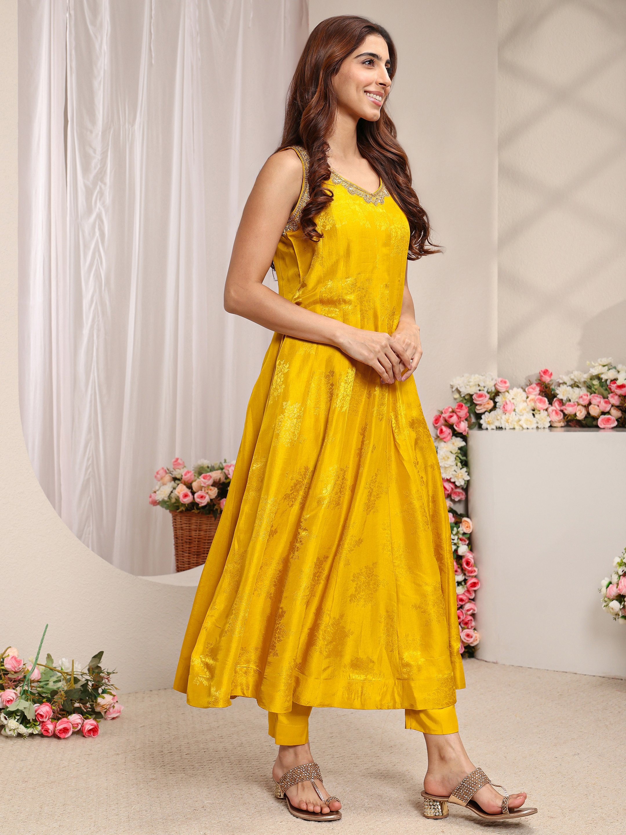 Mustard Solid Silk Blend A-Line Kurta, Straight Pants And Dupatta Set