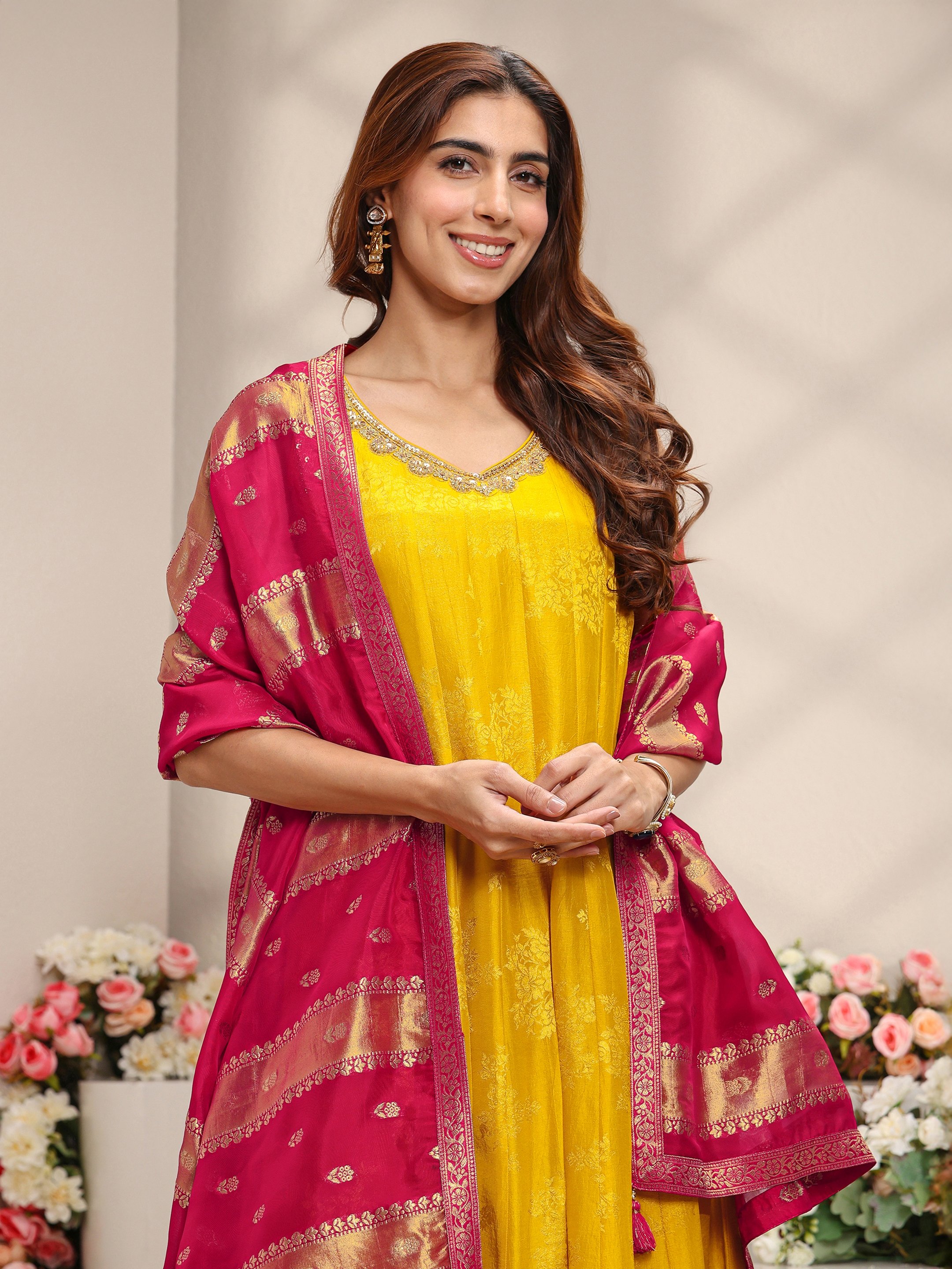 Mustard Solid Silk Blend A-Line Kurta, Straight Pants And Dupatta Set