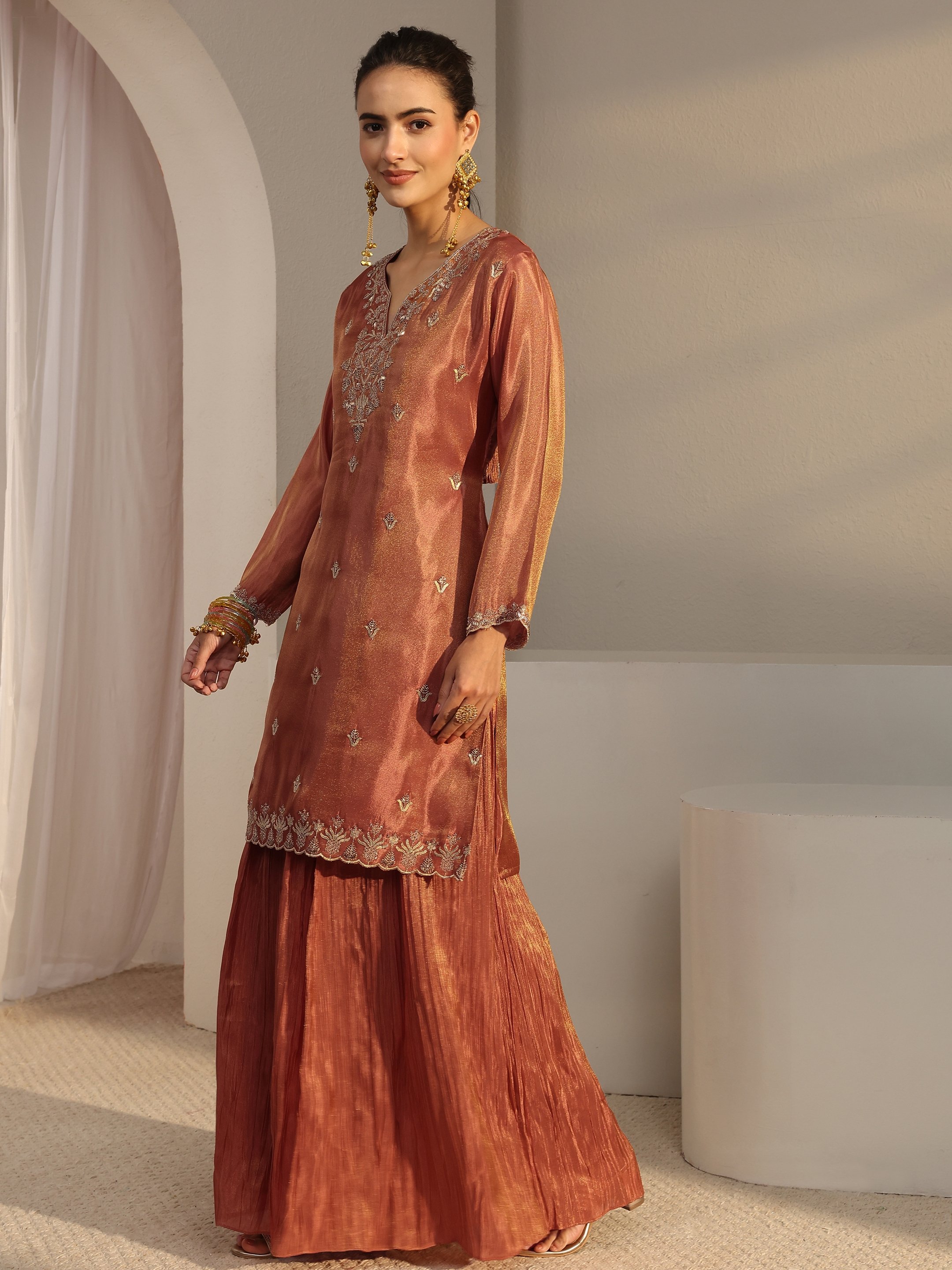 Rust Embroidered Tissue Straight Kurta, Palazzo And Dupatta Set