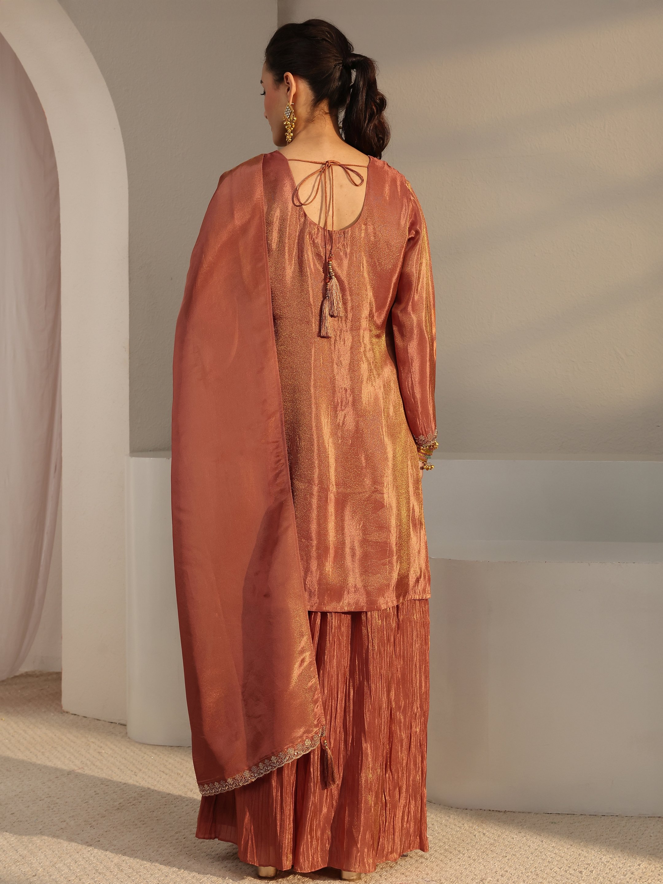Rust Embroidered Tissue Straight Kurta, Palazzo And Dupatta Set