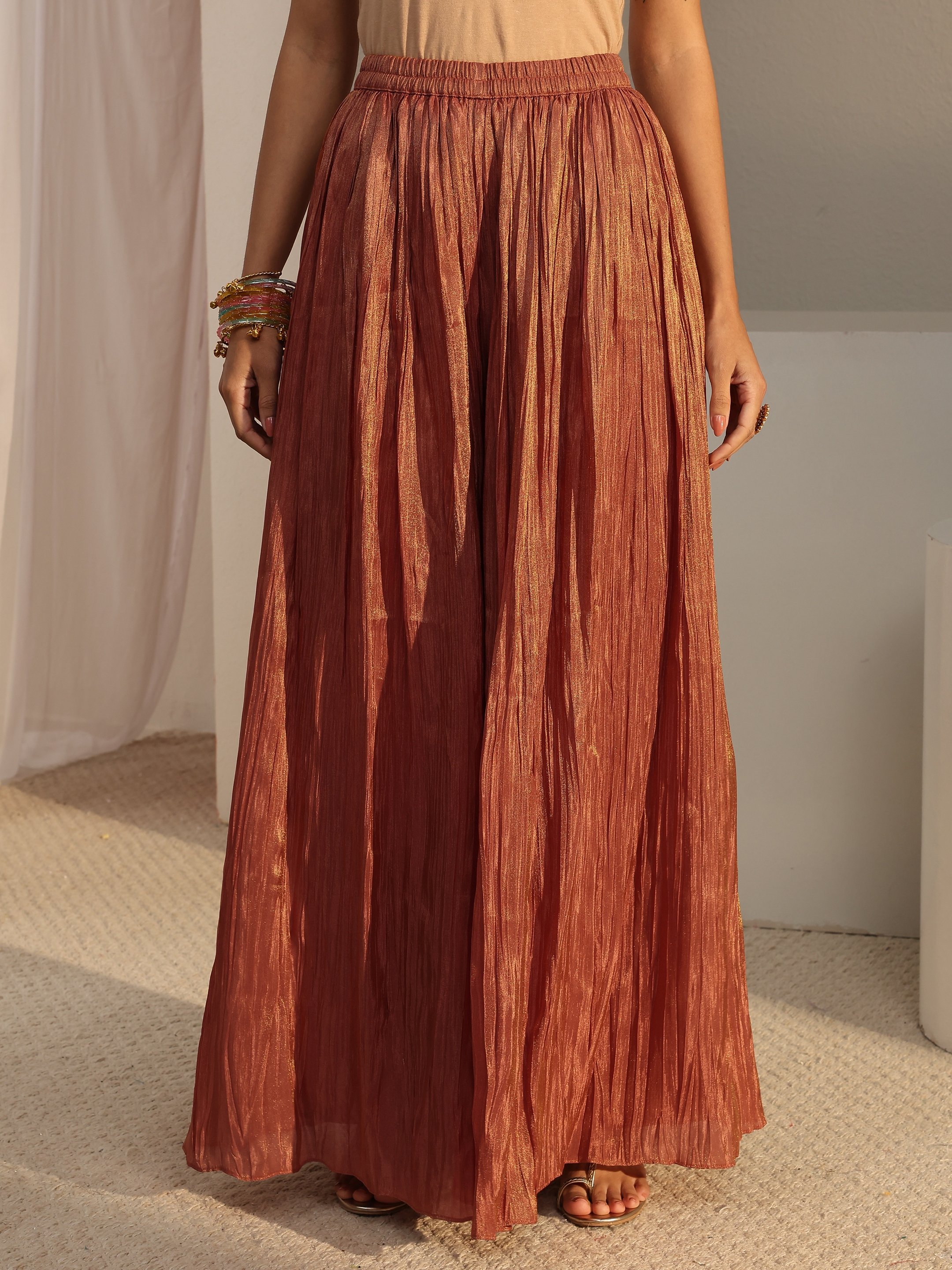 Rust Embroidered Tissue Straight Kurta, Palazzo And Dupatta Set