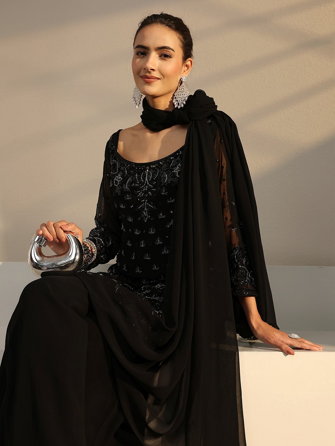 Black Embroidered Georgette Straight Kurta, Palazzo And Dupatta Set