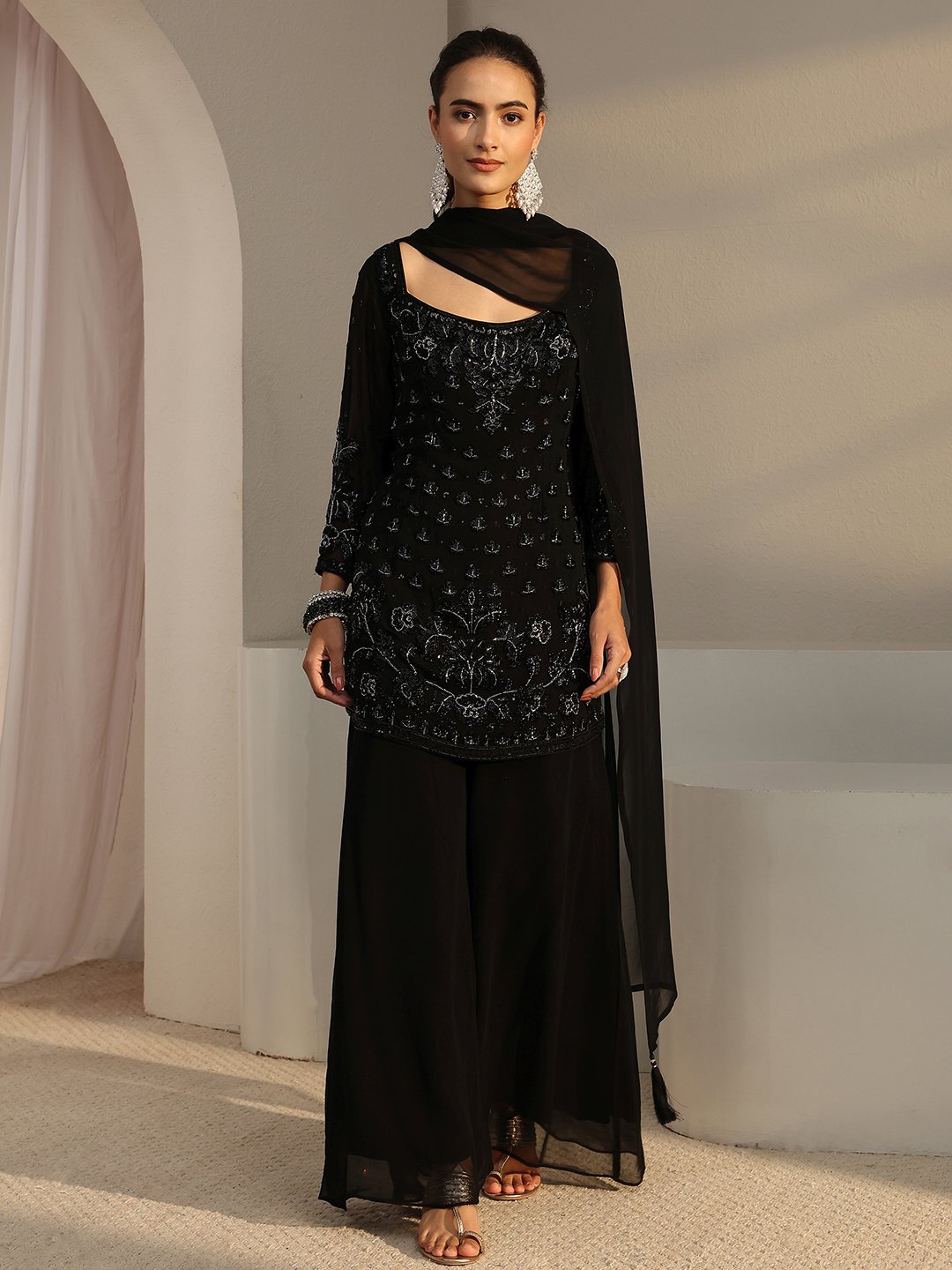 Black Embroidered Georgette Straight Kurta, Palazzo And Dupatta Set