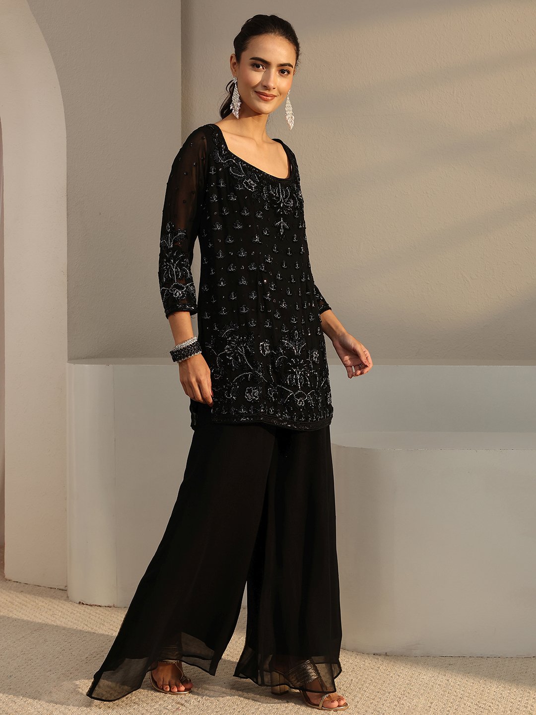 Black Embroidered Georgette Straight Kurta, Palazzo And Dupatta Set