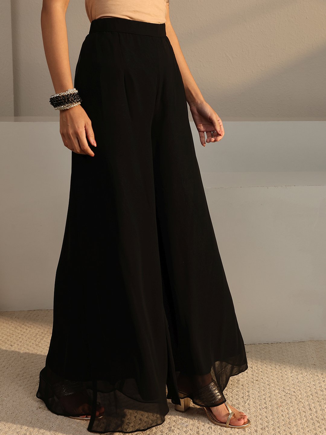 Black Embroidered Georgette Straight Kurta, Palazzo And Dupatta Set