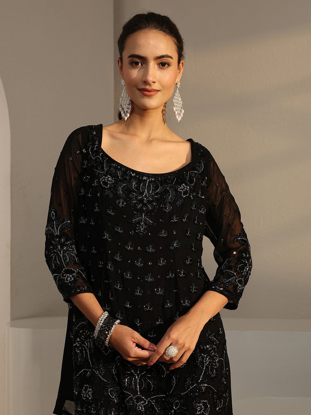 Black Embroidered Georgette Straight Kurta, Palazzo And Dupatta Set