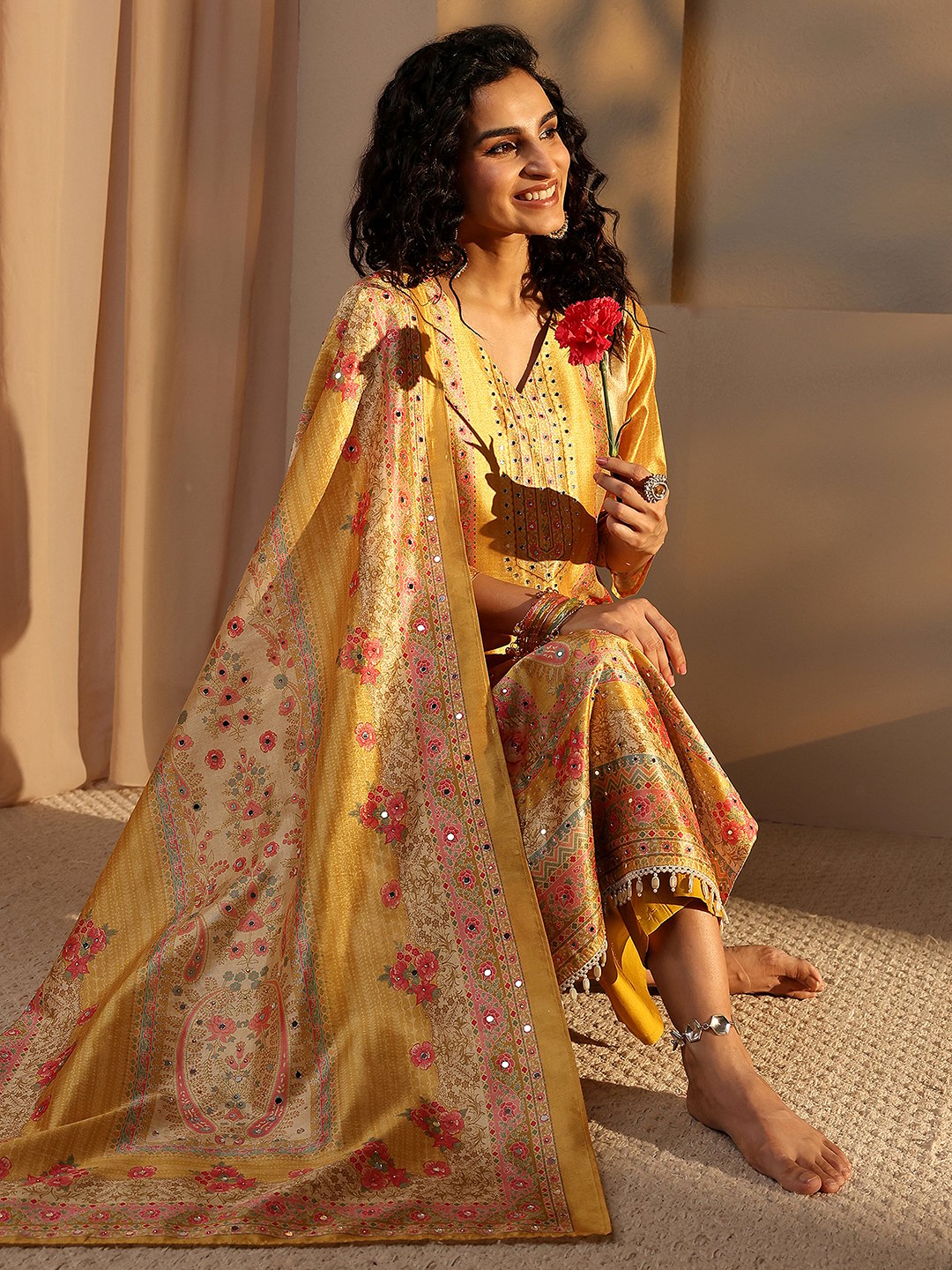 Yellow Printed Silk Blend Straight Kurta, Pants And Dupatta Set