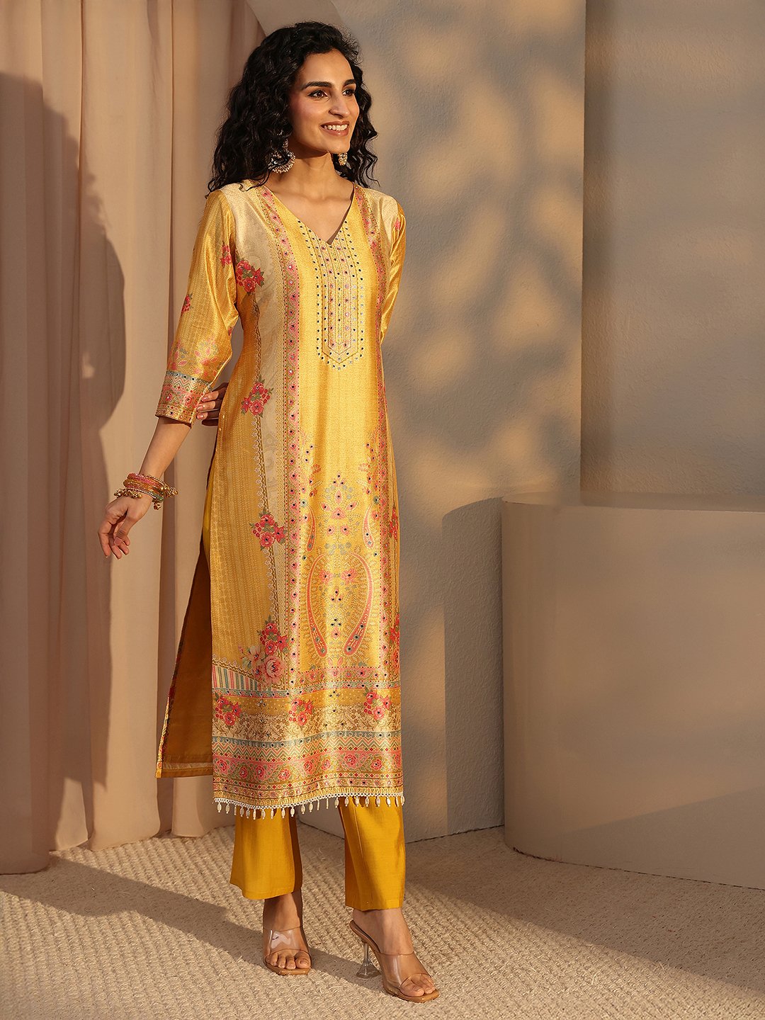 Yellow Printed Silk Blend Straight Kurta, Pants And Dupatta Set