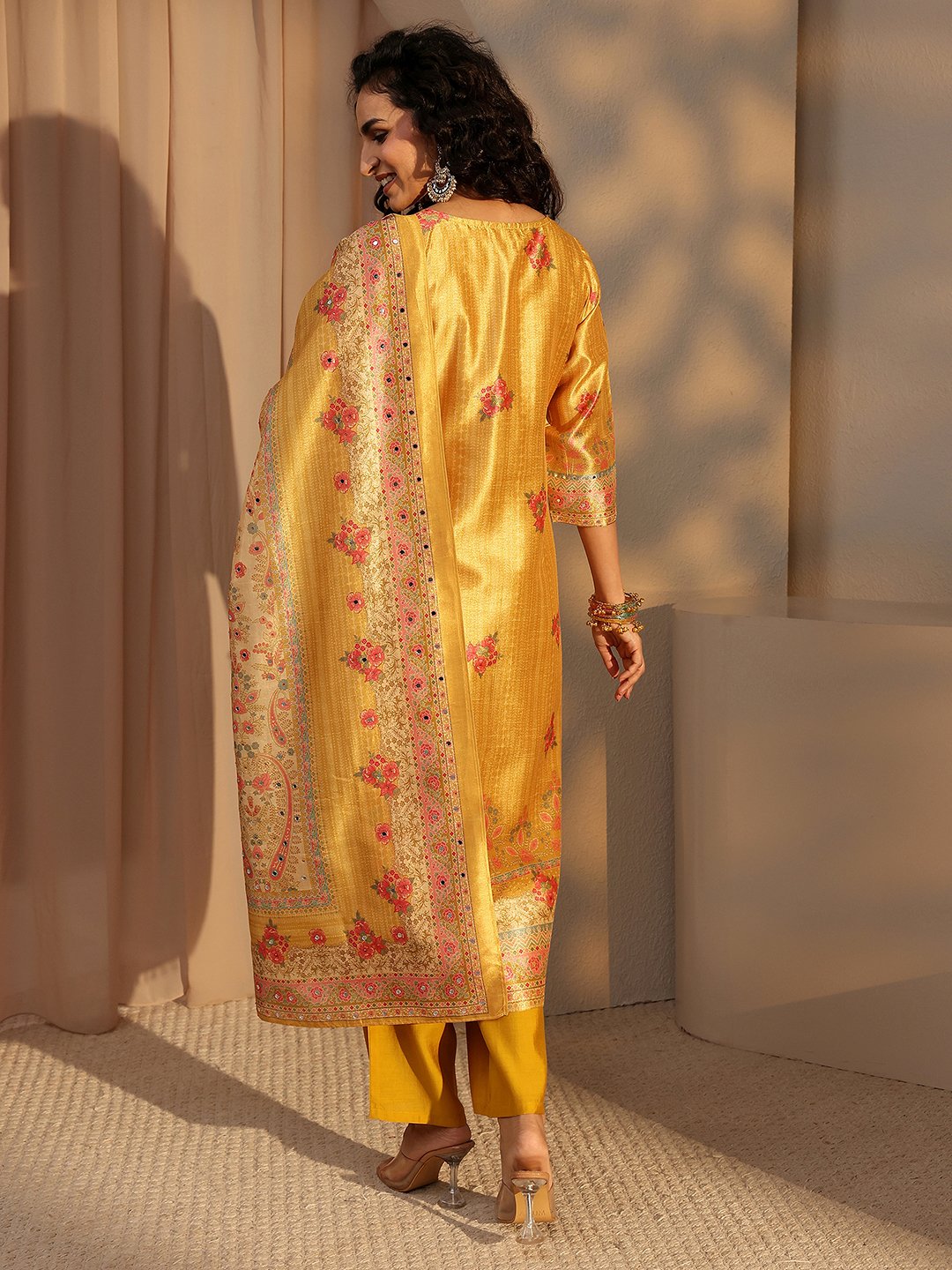 Yellow Printed Silk Blend Straight Kurta, Pants And Dupatta Set