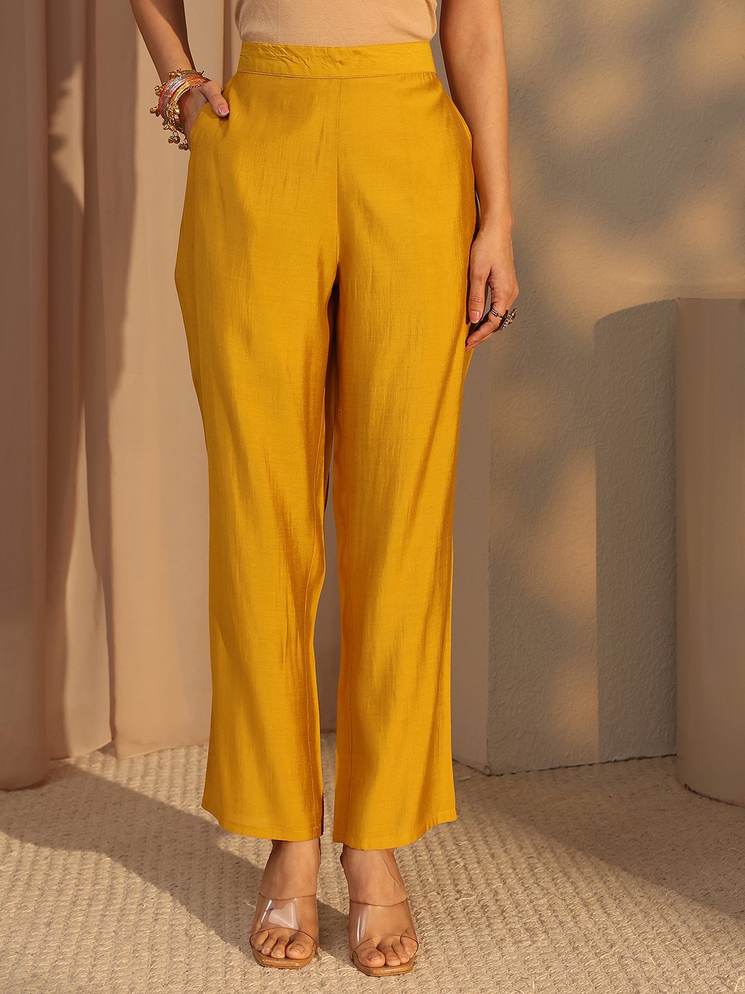Yellow Printed Silk Blend Straight Kurta, Pants And Dupatta Set