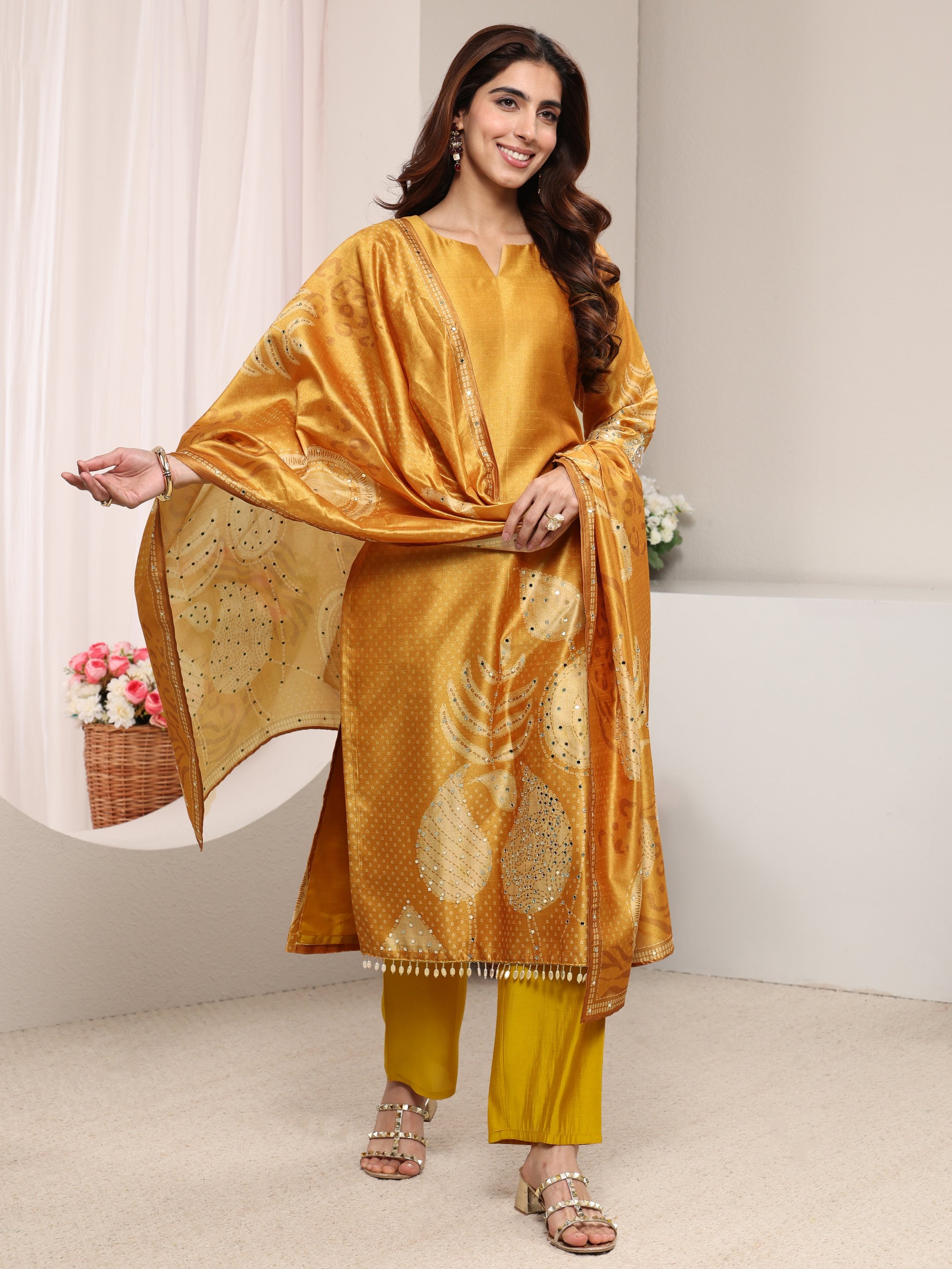 Mustard Printed Silk Blend Straight Kurta, Pants And Dupatta Set