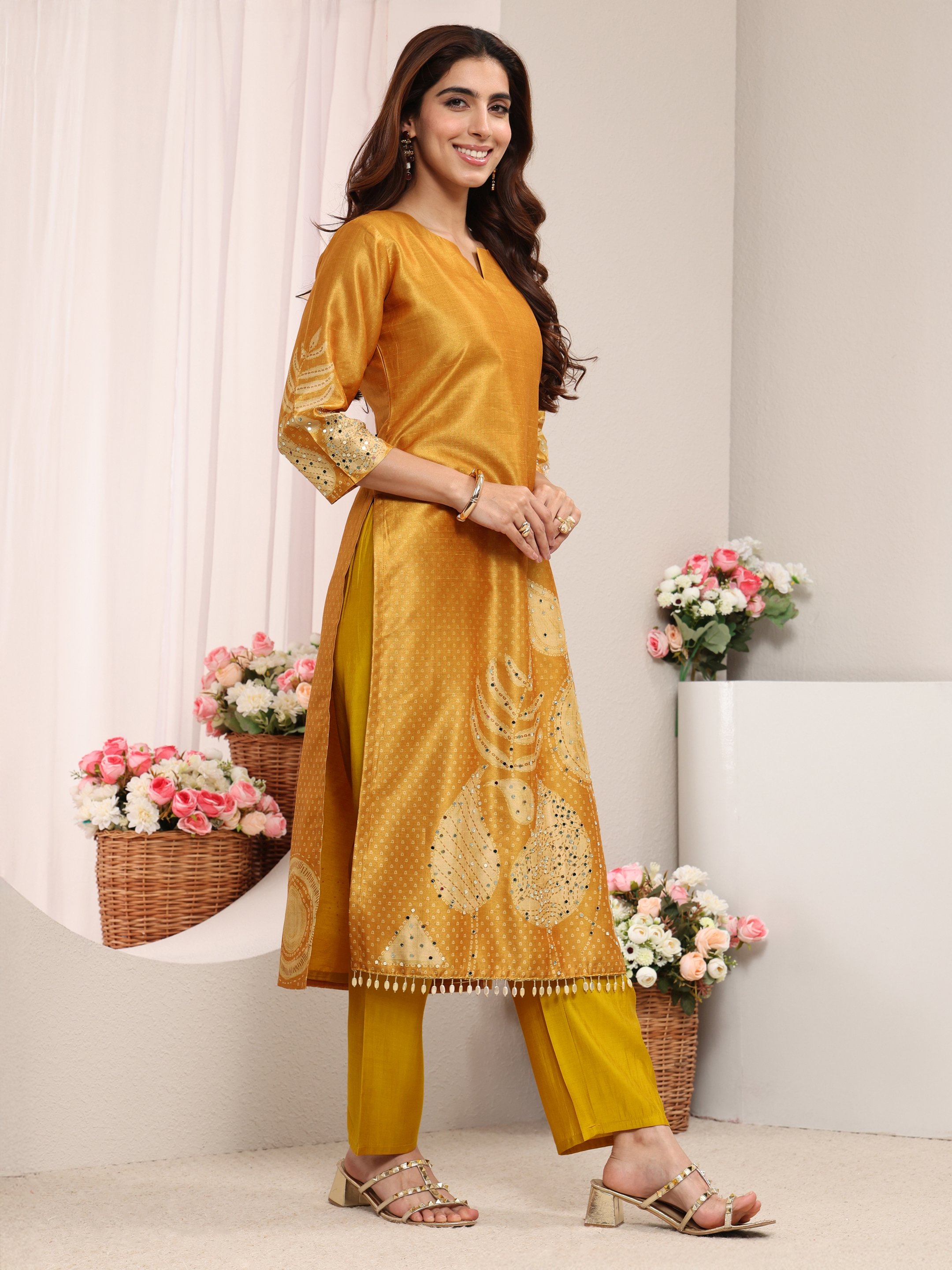 Mustard Printed Silk Blend Straight Kurta, Pants And Dupatta Set