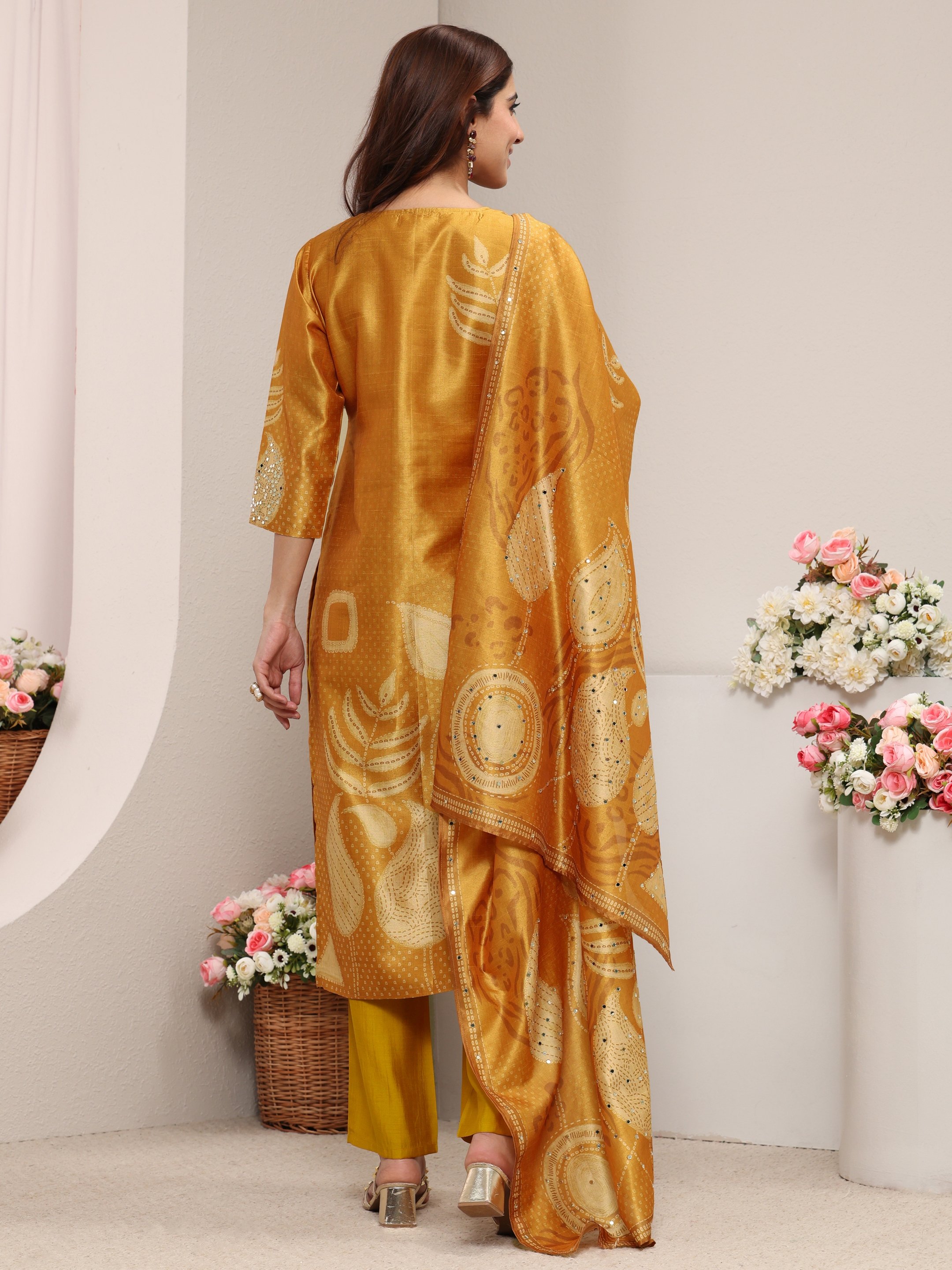 Mustard Printed Silk Blend Straight Kurta, Pants And Dupatta Set