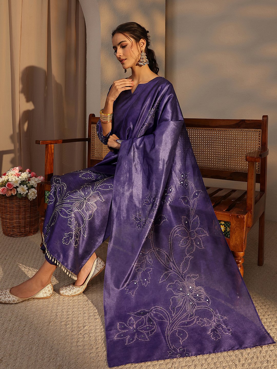 Purple Printed Silk Blend Straight Kurta, Pants And Dupatta Set