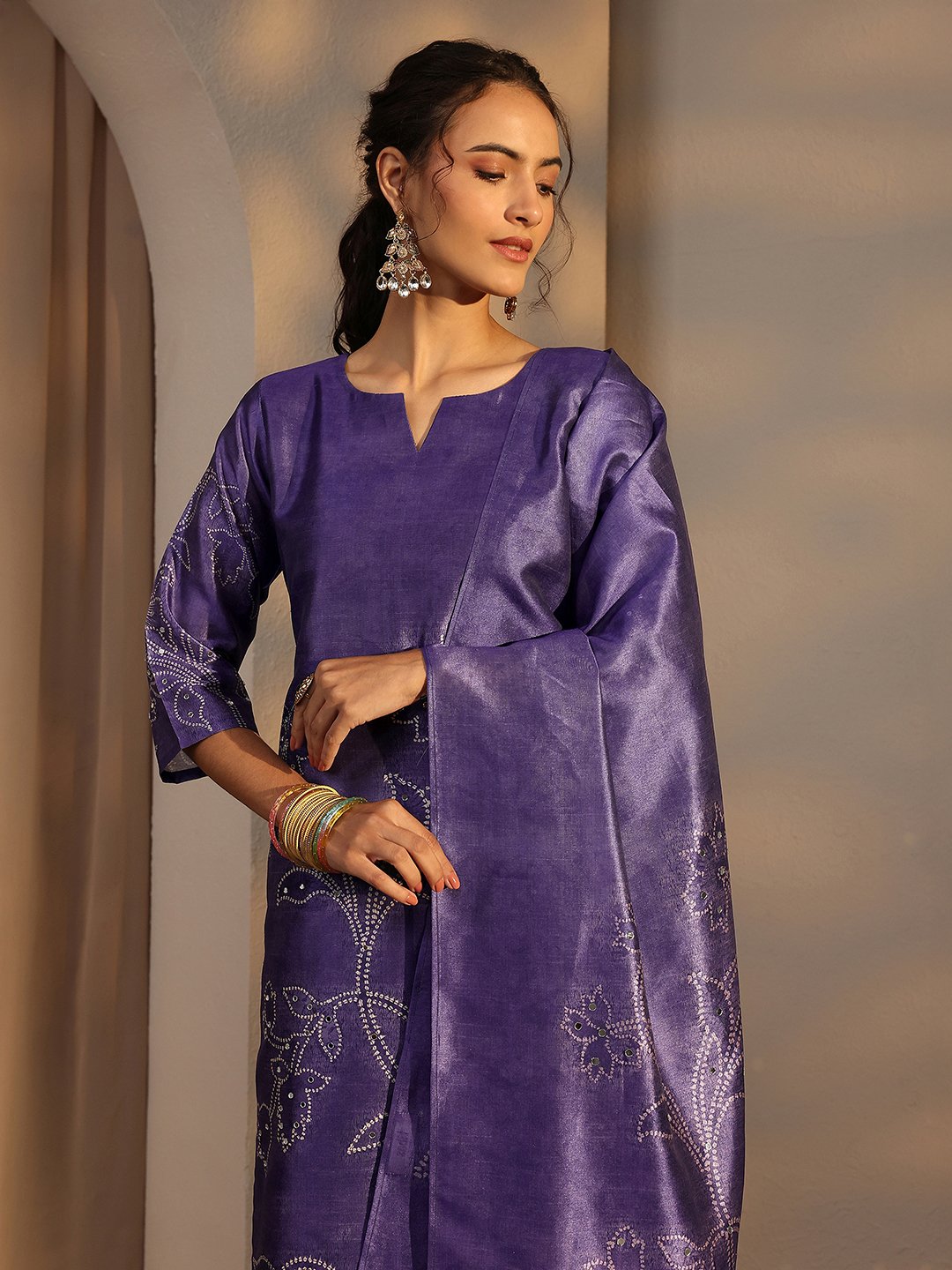 Purple Printed Silk Blend Straight Kurta, Pants And Dupatta Set