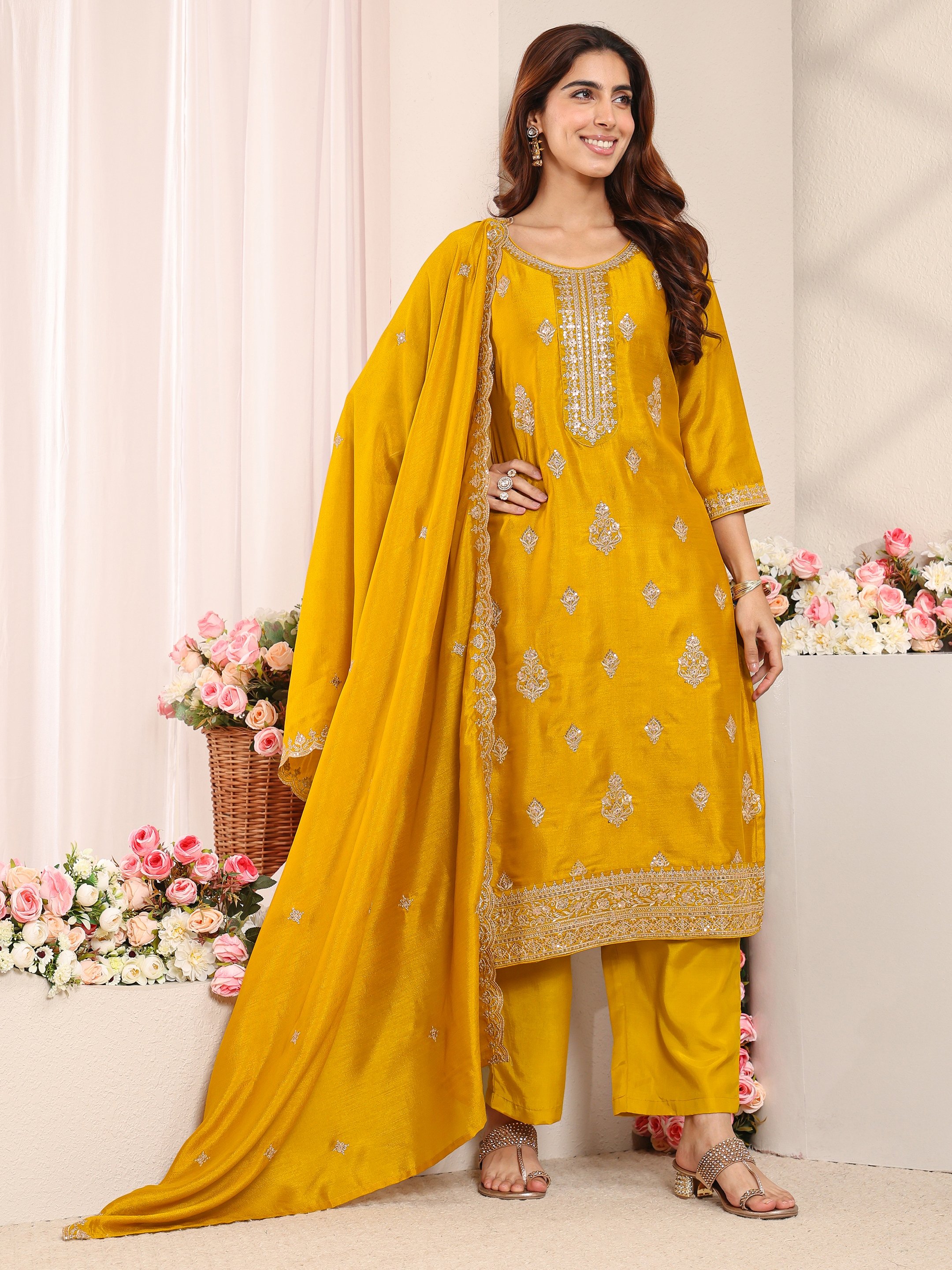 Mustard Embroidered Silk Blend Straight Kurta, Palazzo And Dupatta Set