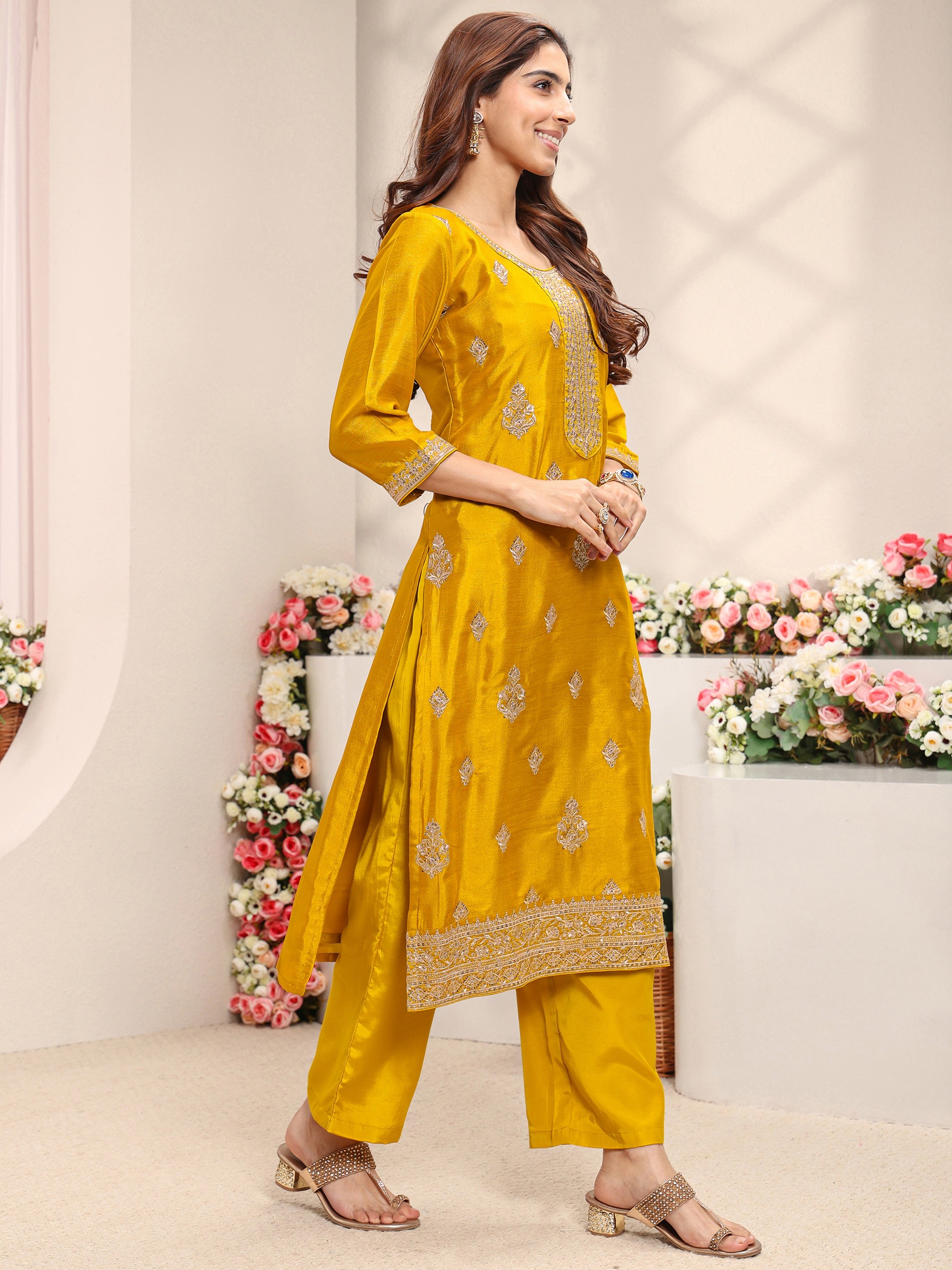 Mustard Embroidered Silk Blend Straight Kurta, Palazzo And Dupatta Set