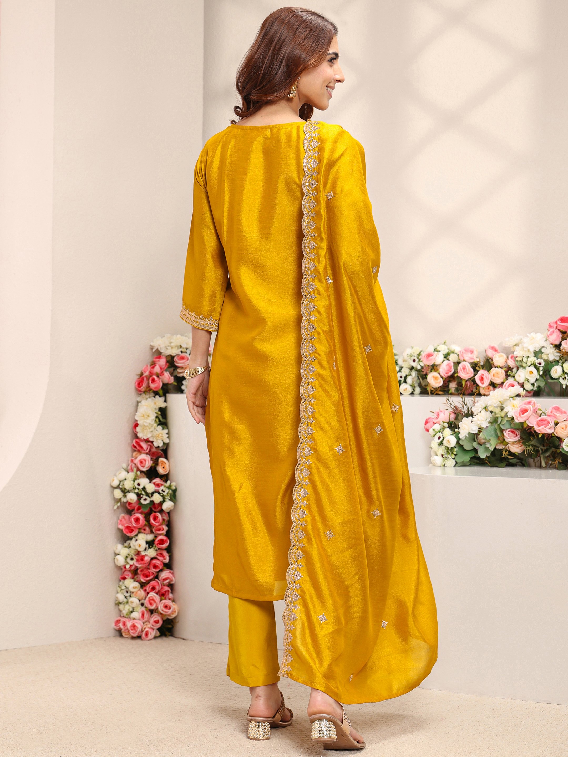 Mustard Embroidered Silk Blend Straight Kurta, Palazzo And Dupatta Set