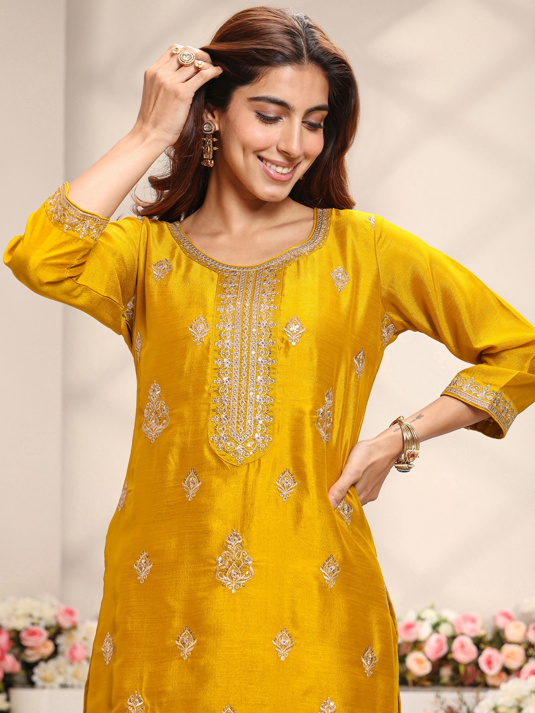 Mustard Embroidered Silk Blend Straight Kurta, Palazzo And Dupatta Set