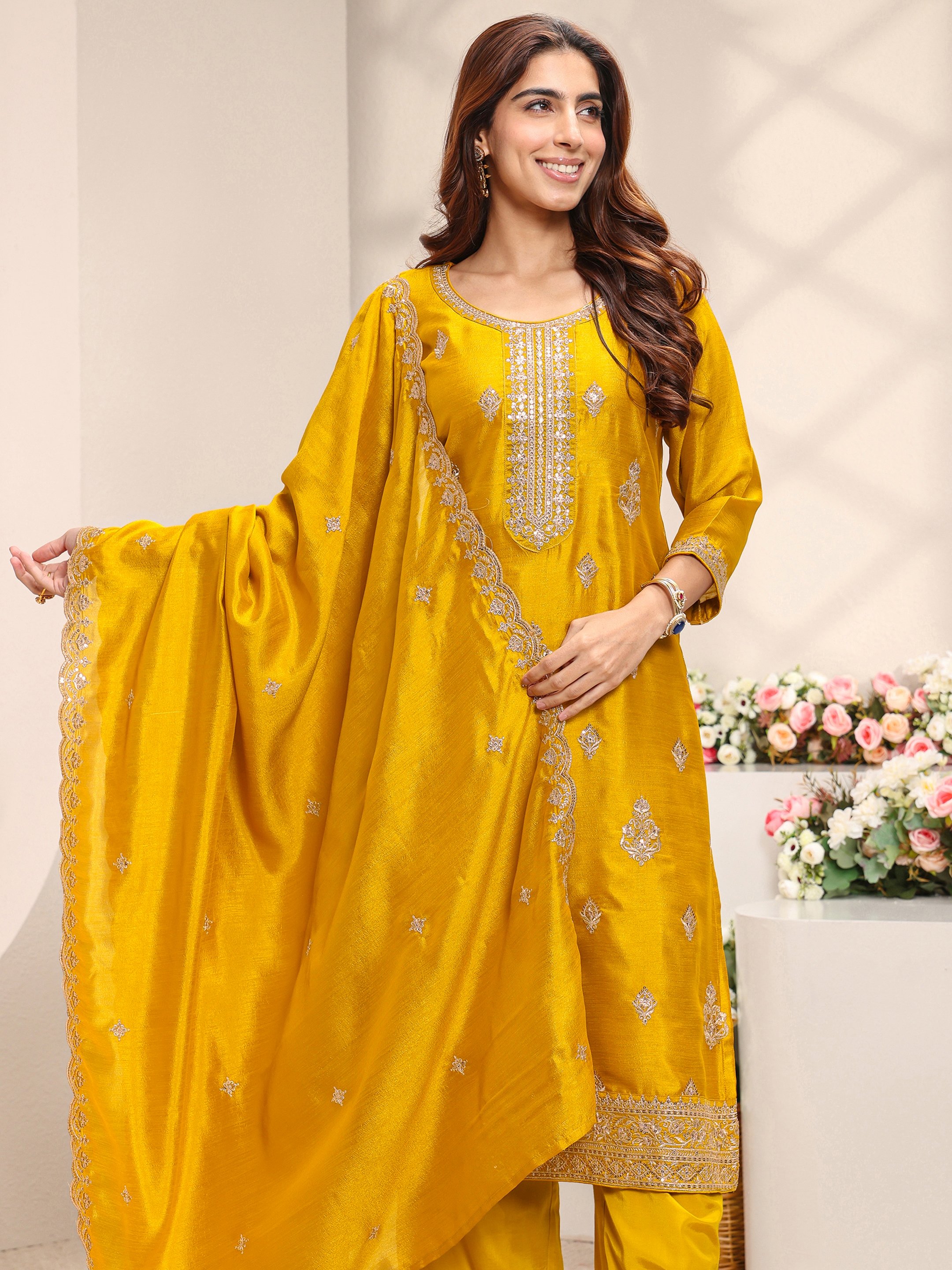 Mustard Embroidered Silk Blend Straight Kurta, Palazzo And Dupatta Set