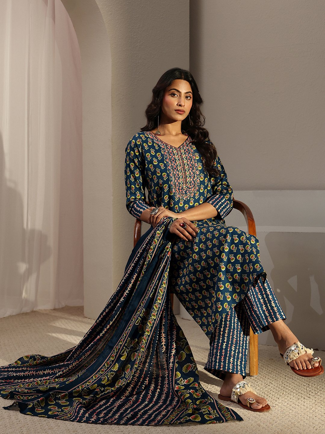 Blue Printed Cotton Blend Straight Kurta, Trousers And Dupatta Set