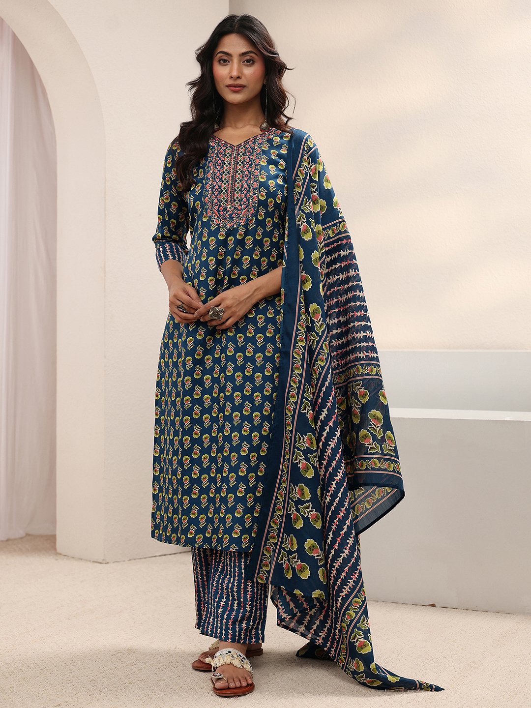 Blue Printed Cotton Blend Straight Kurta, Trousers And Dupatta Set