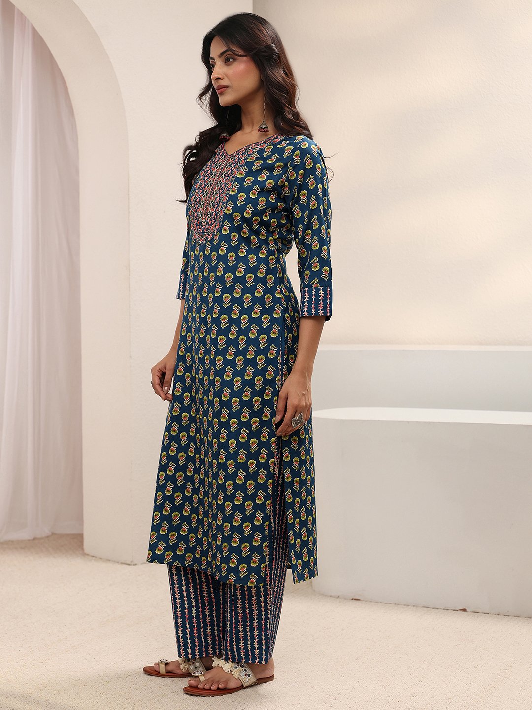 Blue Printed Cotton Blend Straight Kurta, Trousers And Dupatta Set
