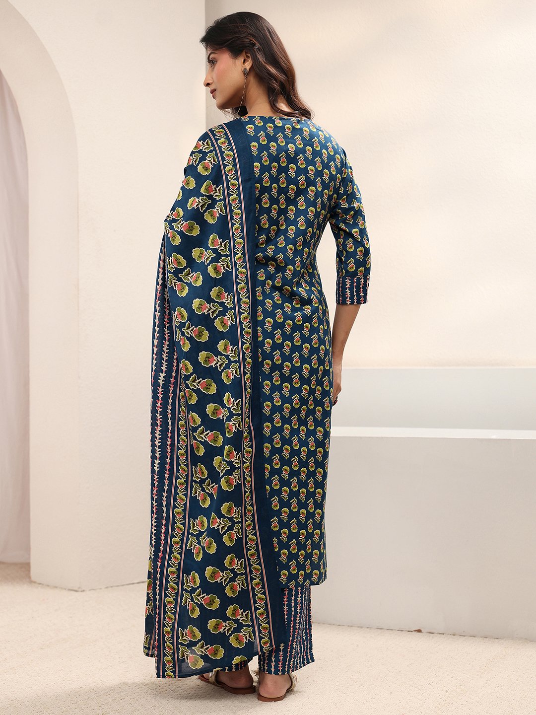 Blue Printed Cotton Blend Straight Kurta, Trousers And Dupatta Set