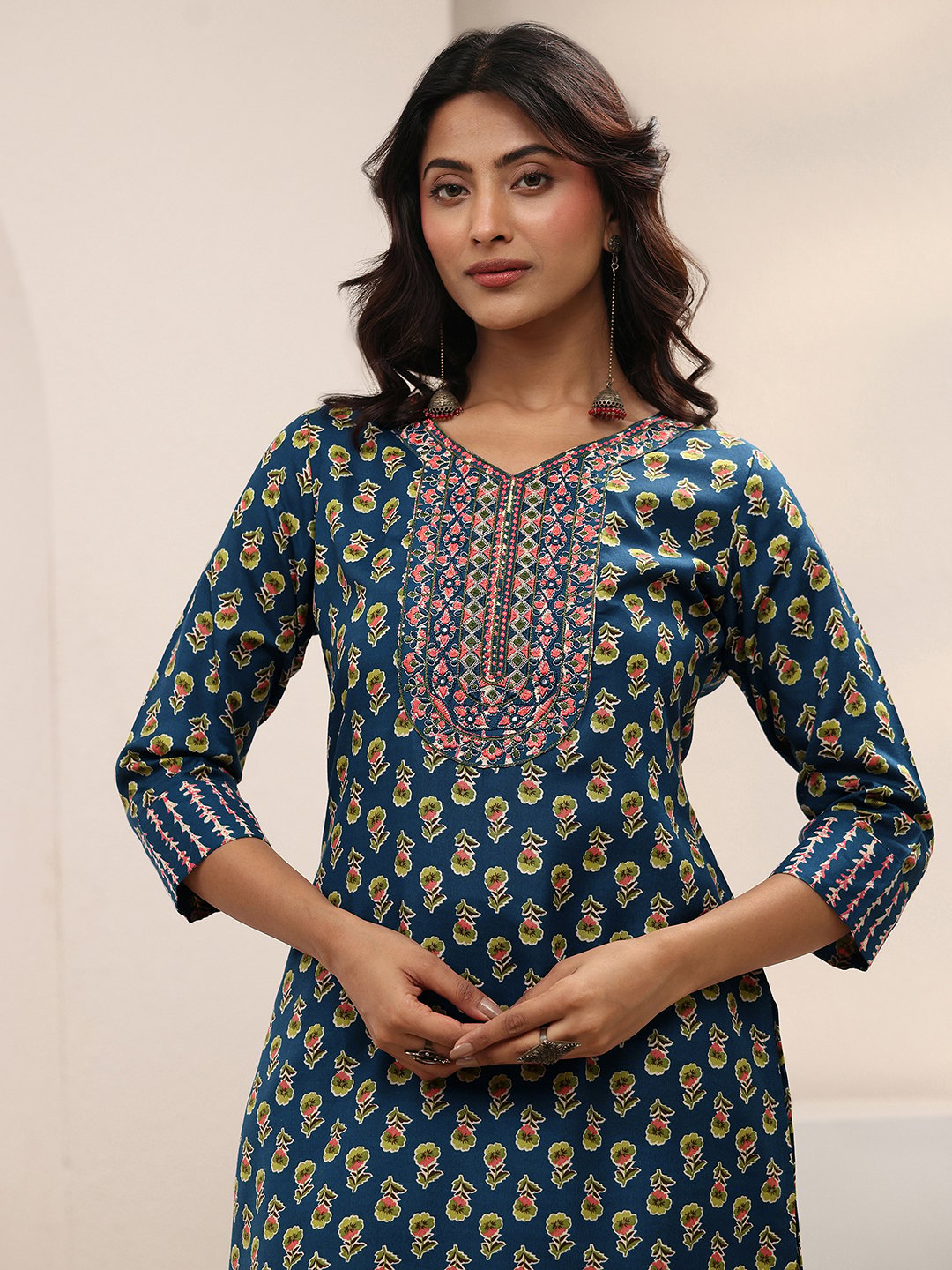 Blue Printed Cotton Blend Straight Kurta, Trousers And Dupatta Set