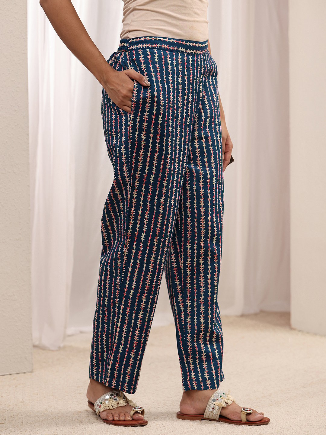 Blue Printed Cotton Blend Straight Kurta, Trousers And Dupatta Set
