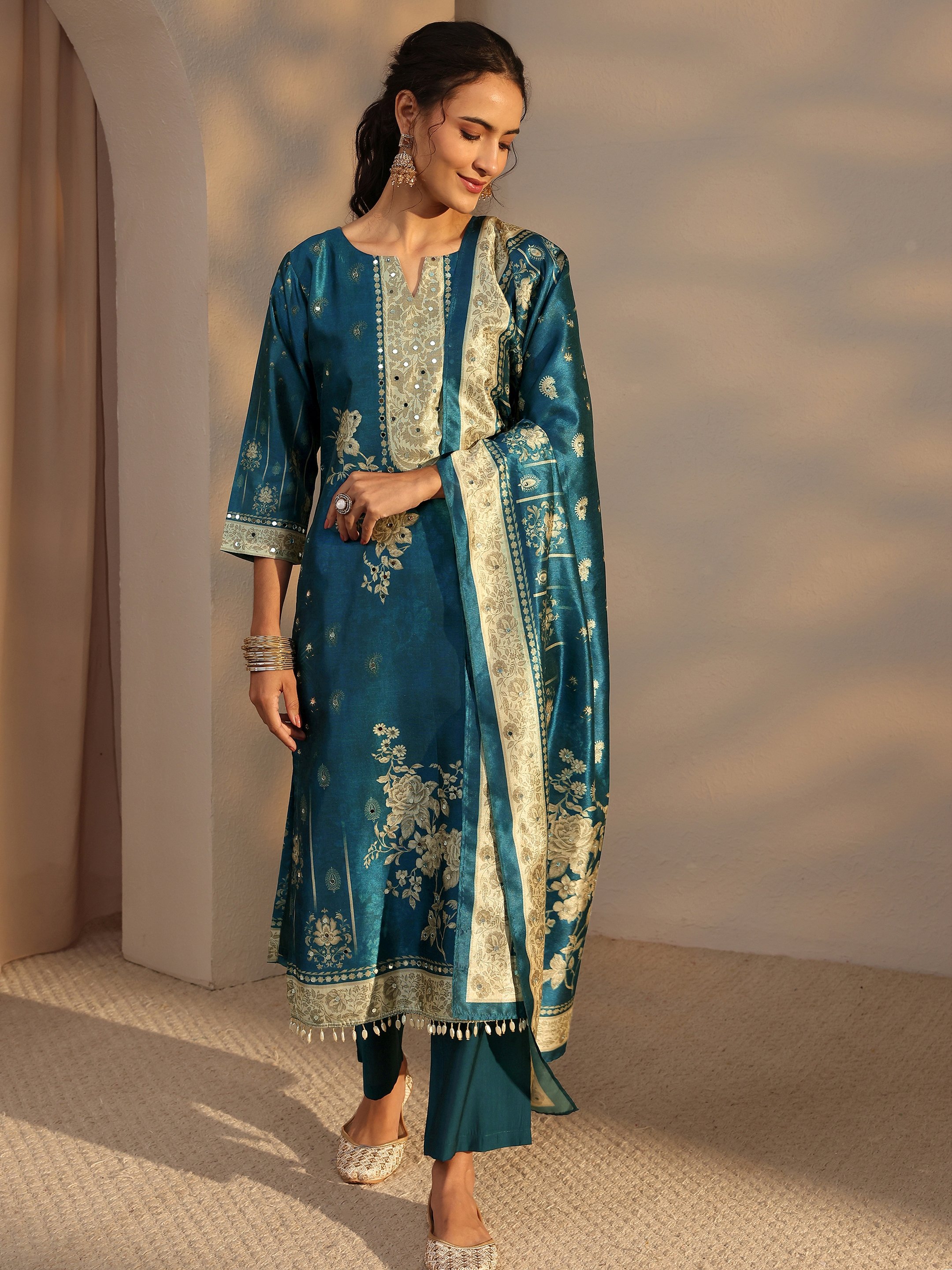 Blue Printed Silk Blend Straight Kurta, Pants And Dupatta Set