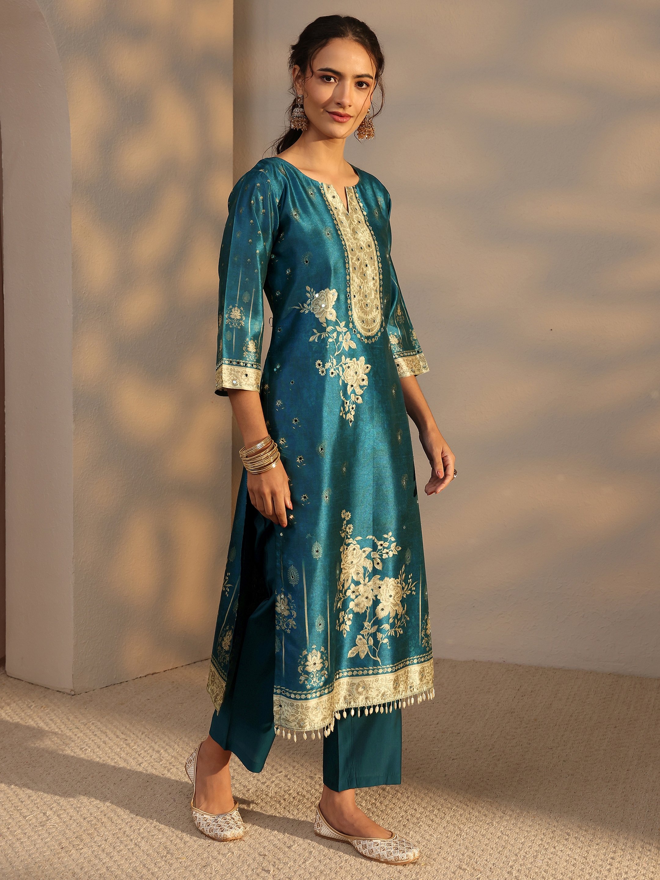 Blue Printed Silk Blend Straight Kurta, Pants And Dupatta Set