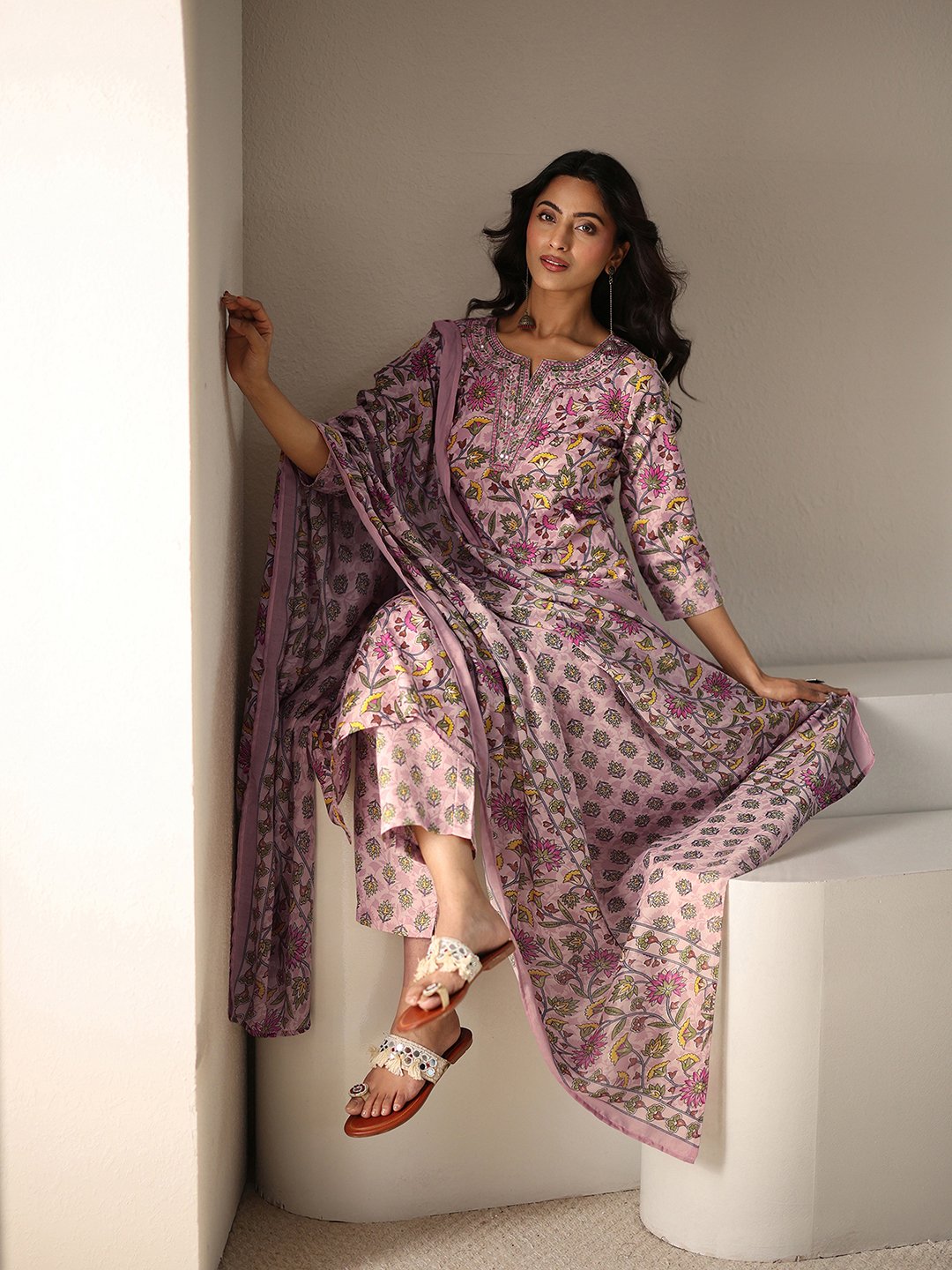 Pink Printed Cotton Blend Straight Kurta, Trousers And Dupatta Set