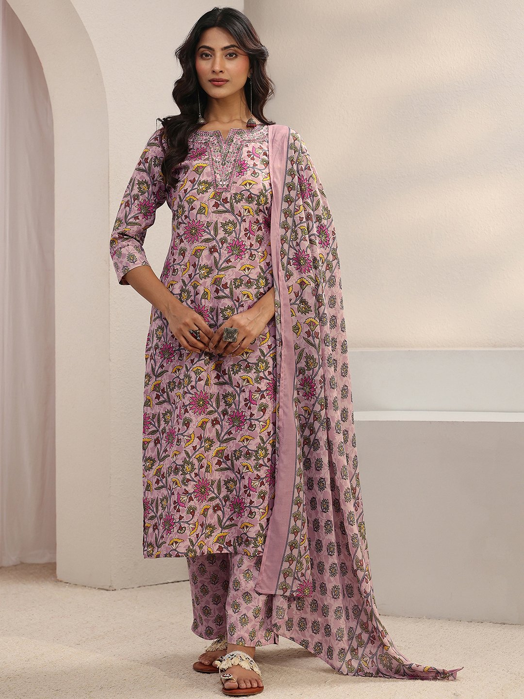 Pink Printed Cotton Blend Straight Kurta, Trousers And Dupatta Set