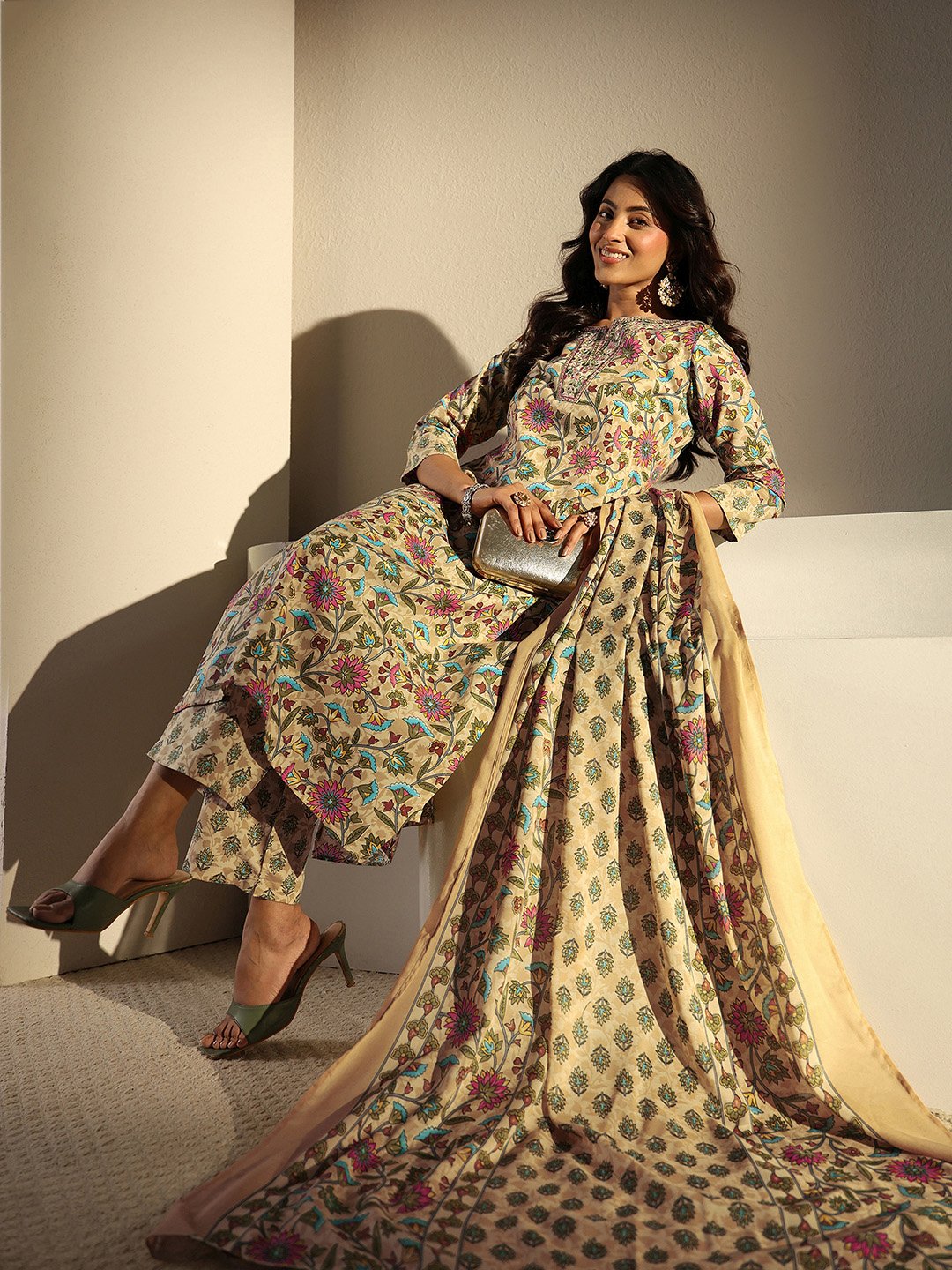 Beige Printed Cotton Blend Straight Kurta, Trousers And Dupatta Set