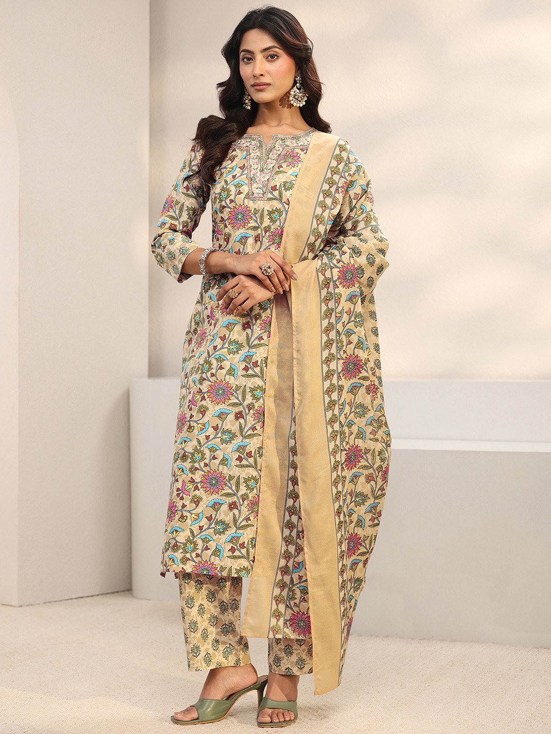 Beige Printed Cotton Blend Straight Kurta, Trousers And Dupatta Set