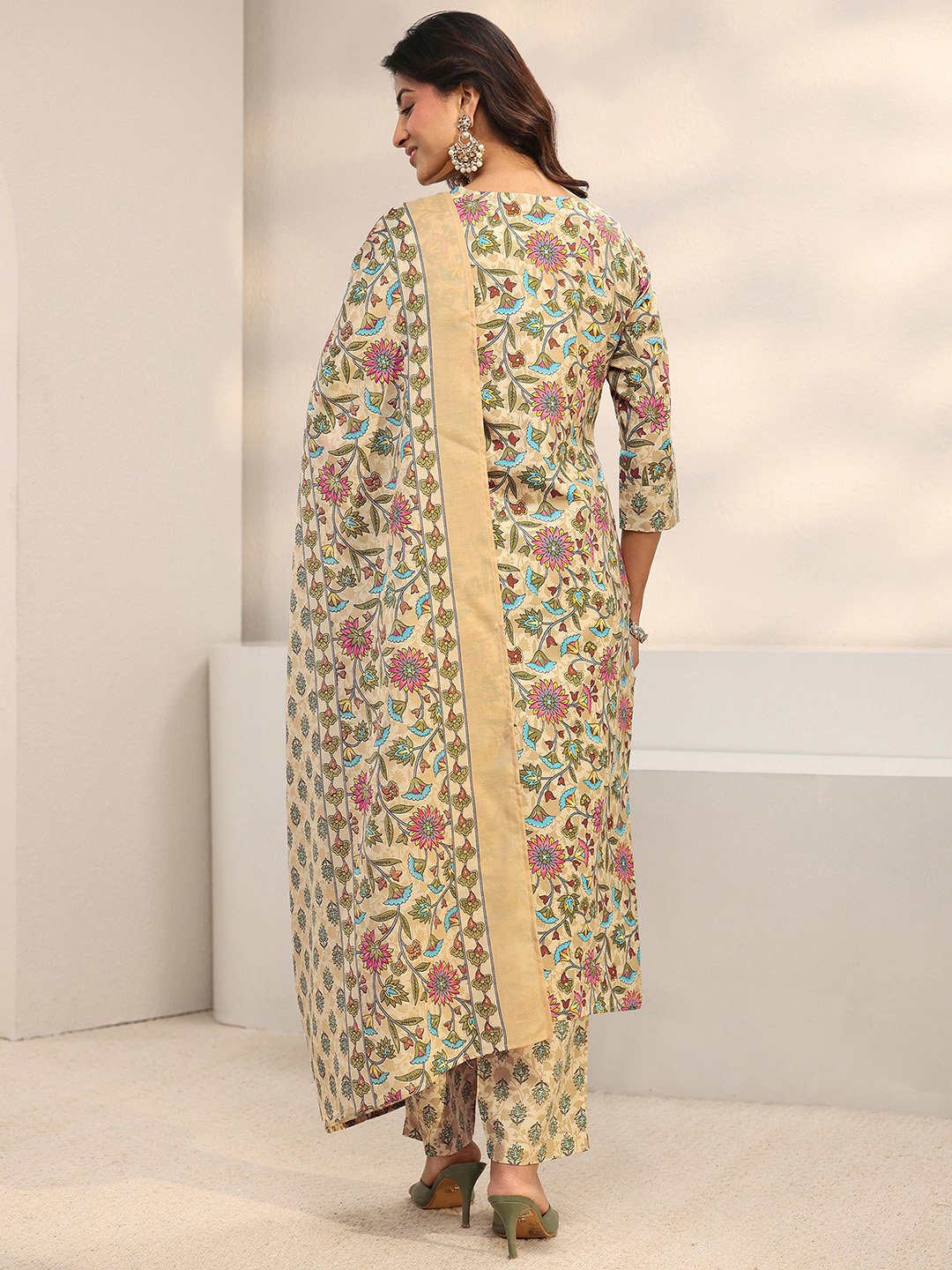 Beige Printed Cotton Blend Straight Kurta, Trousers And Dupatta Set