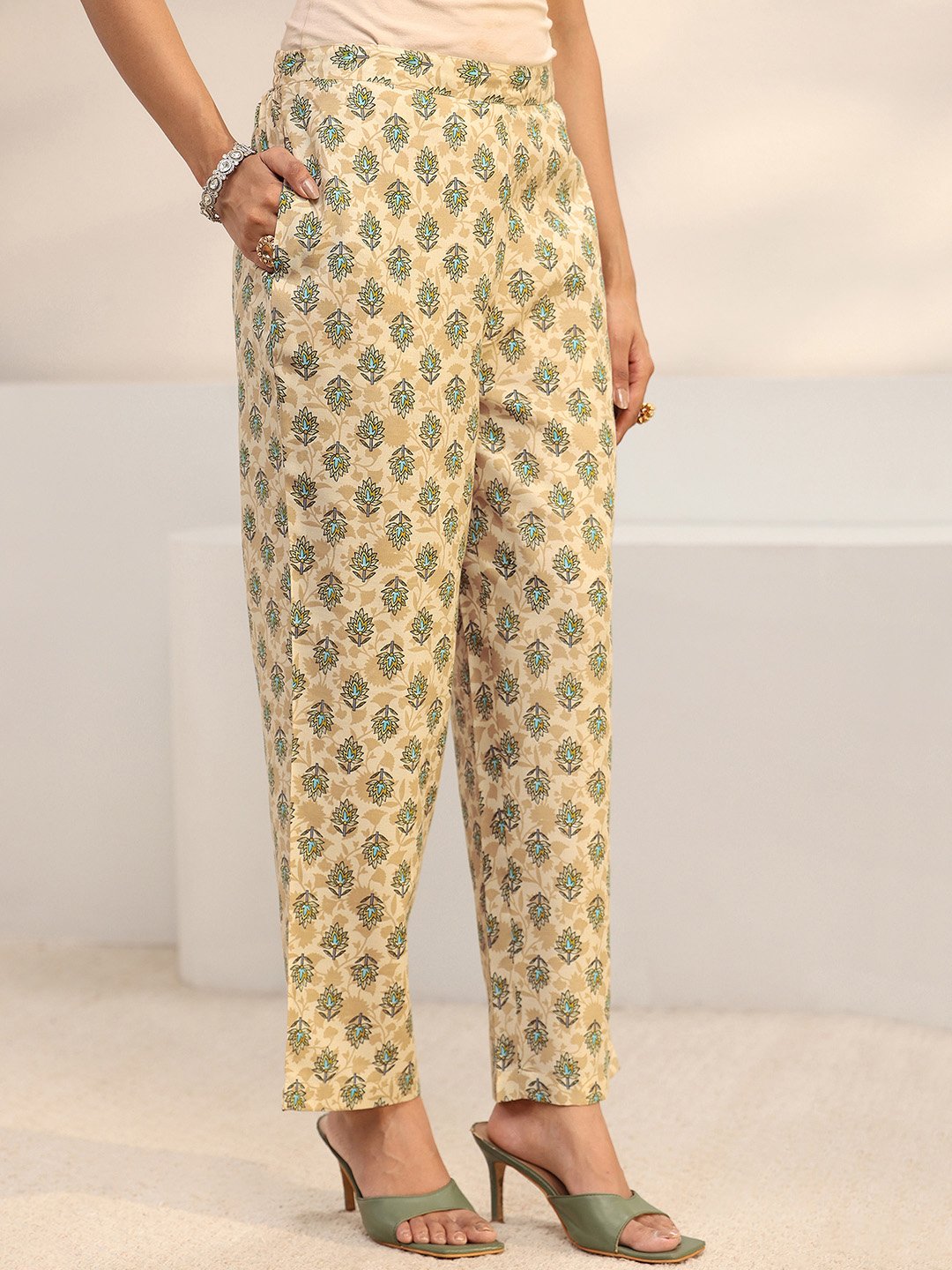 Beige Printed Cotton Blend Straight Kurta, Trousers And Dupatta Set