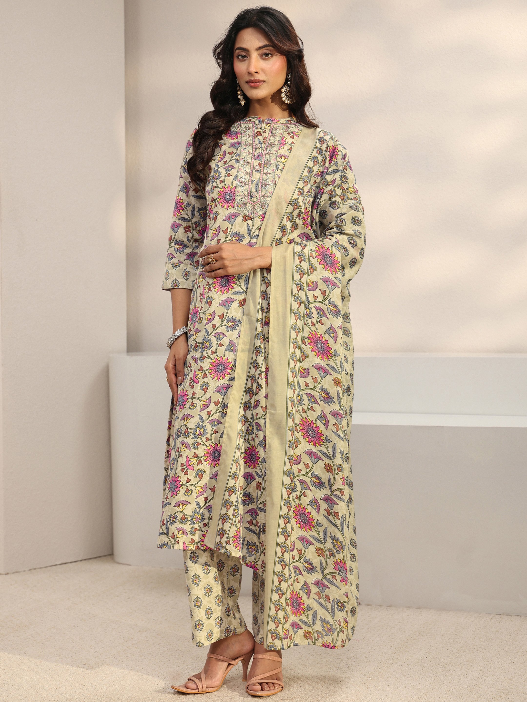 Beige Printed Cotton Blend Straight Kurta, Trousers And Dupatta Set