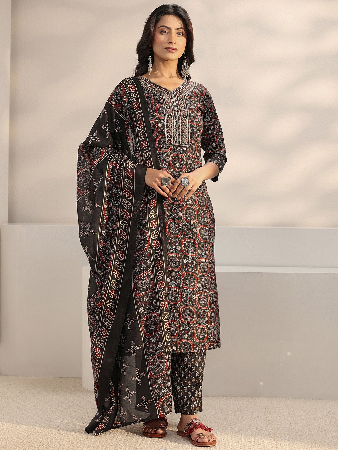 Black Printed Cotton Blend Straight Kurta, Trousers And Dupatta Set