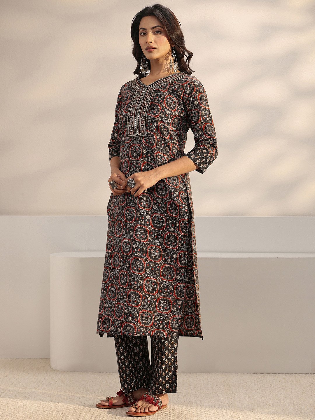 Black Printed Cotton Blend Straight Kurta, Trousers And Dupatta Set