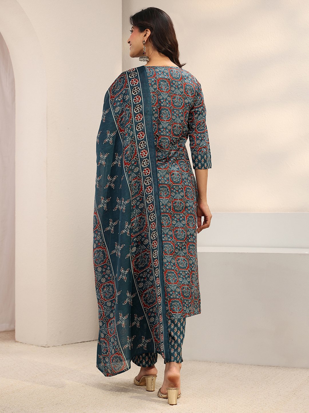 Blue Printed Cotton Blend Straight Kurta, Trousers And Dupatta Set