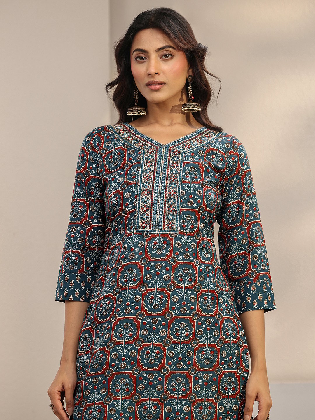 Blue Printed Cotton Blend Straight Kurta, Trousers And Dupatta Set