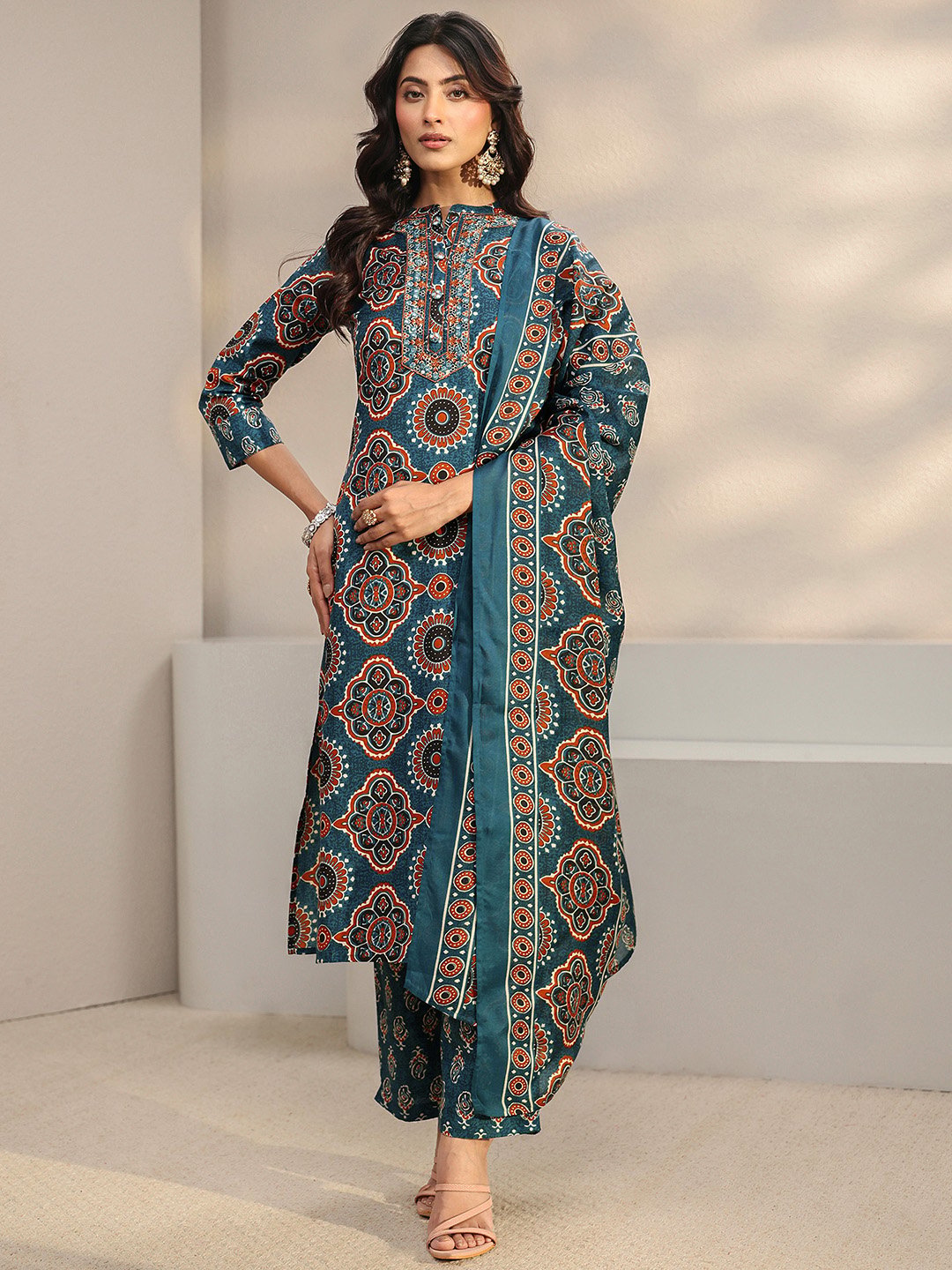 Blue Printed Cotton Blend Straight Kurta, Trousers And Dupatta Set