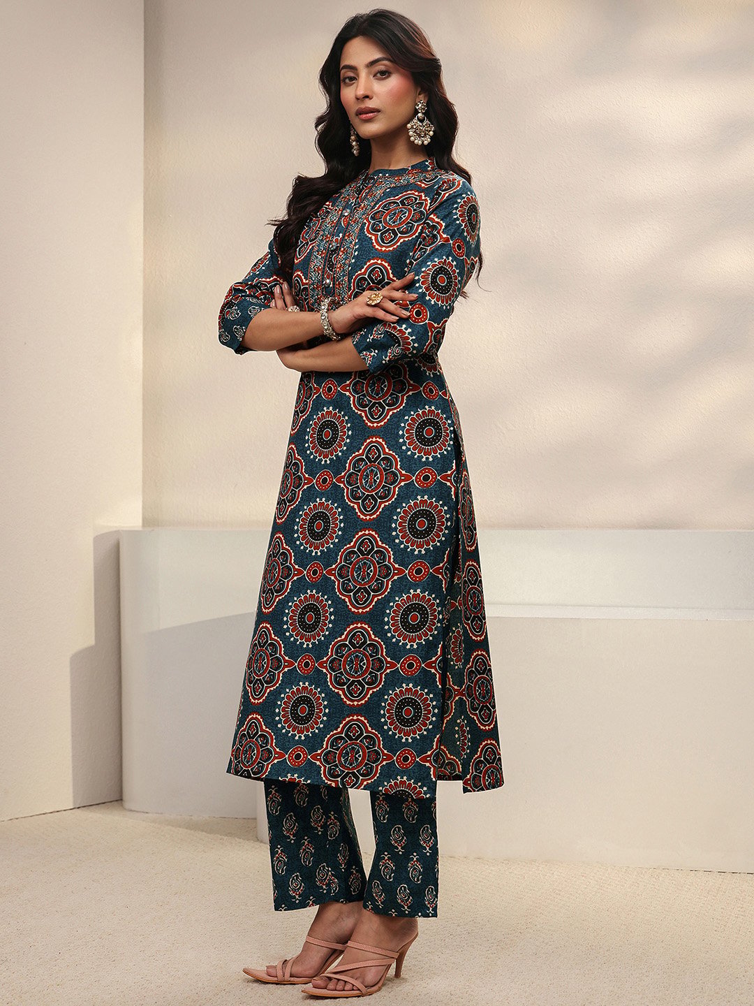 Blue Printed Cotton Blend Straight Kurta, Trousers And Dupatta Set