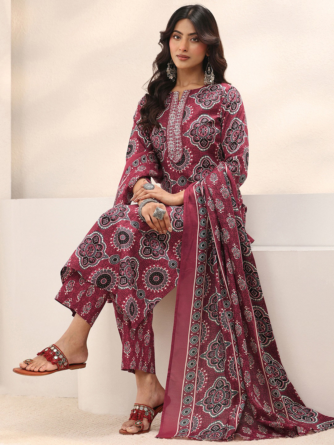 Maroon Printed Cotton Blend Straight Kurta, Trousers And Dupatta Set