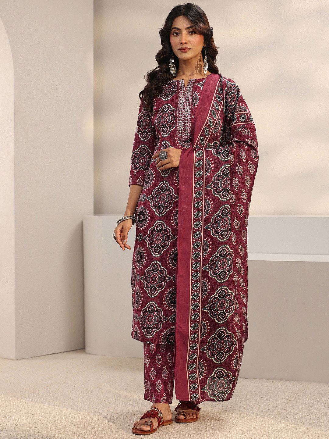 Maroon Printed Cotton Blend Straight Kurta, Trousers And Dupatta Set