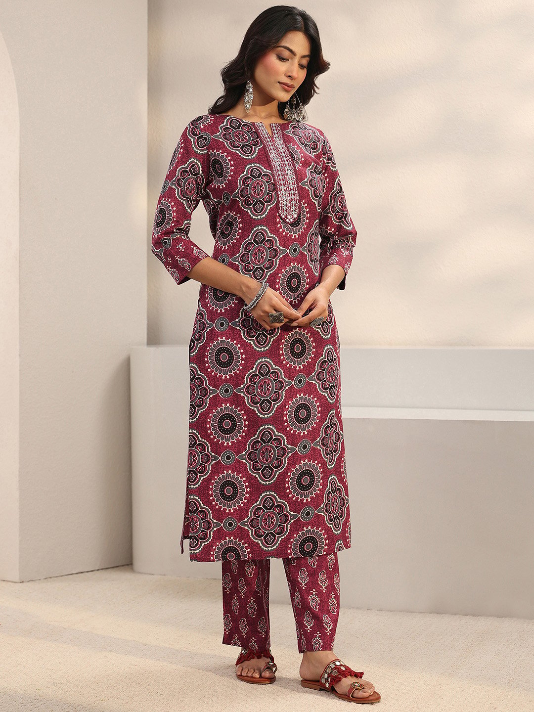 Maroon Printed Cotton Blend Straight Kurta, Trousers And Dupatta Set