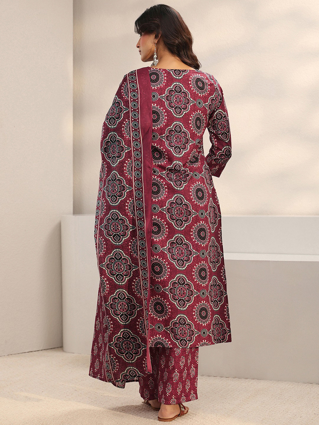 Maroon Printed Cotton Blend Straight Kurta, Trousers And Dupatta Set