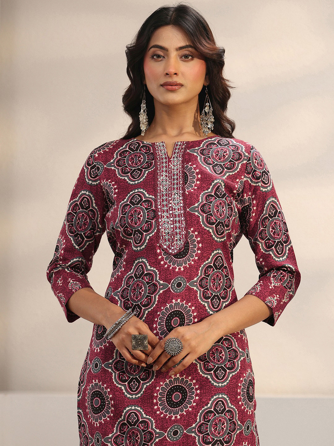 Maroon Printed Cotton Blend Straight Kurta, Trousers And Dupatta Set